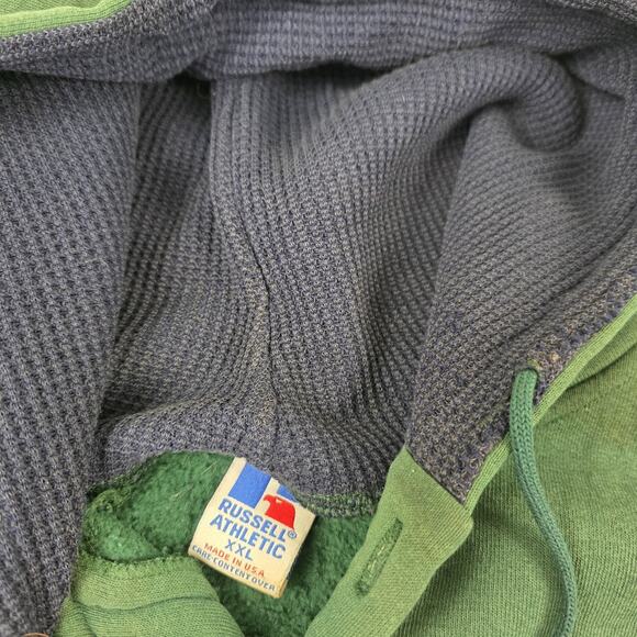 VINTAGE Russell Athletic Hoodie Mens 2XL Green Henley Thermal Lined Made USA 90s - Picture 4 of 12